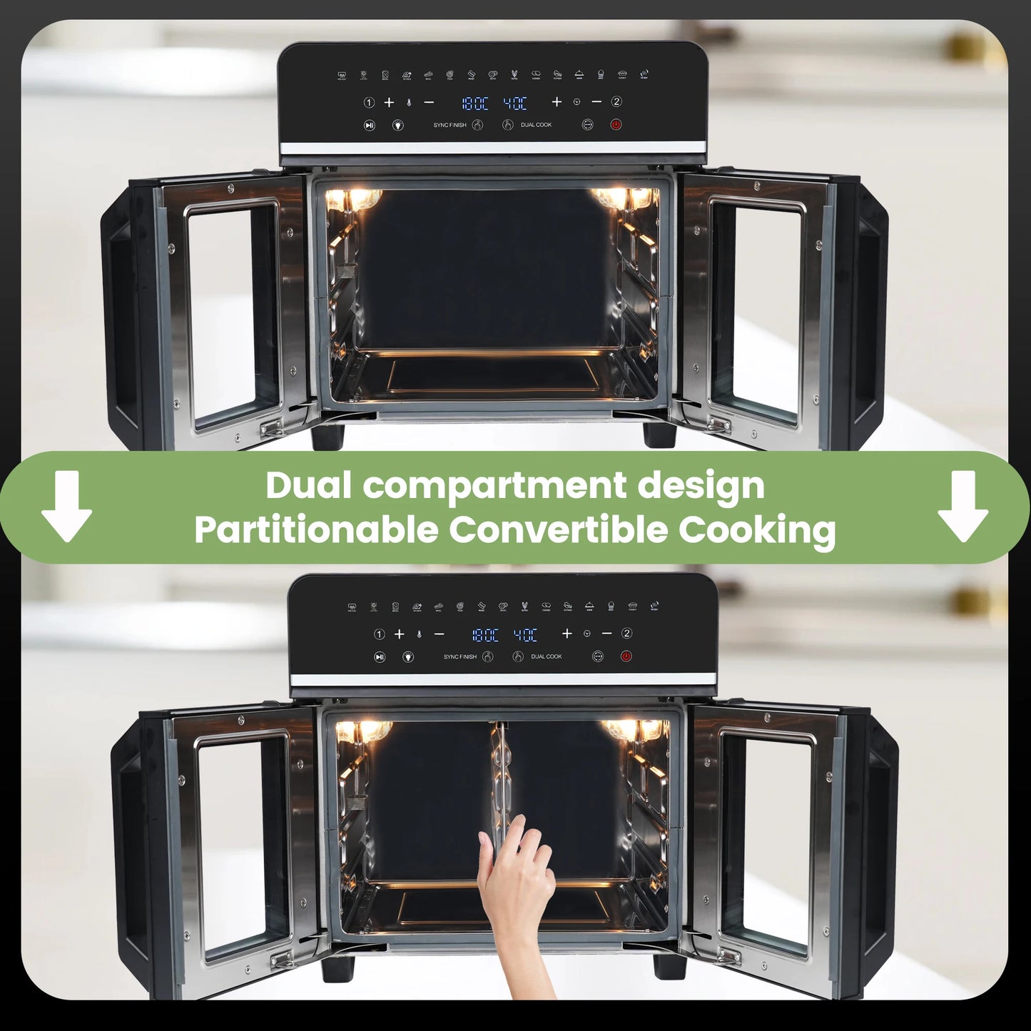 Freidora de aire caliente de doble zona, freidora de aire caliente de 23 L, horno XXL de 2200 W con pantalla táctil LED, 15 programas, con libro de recetas