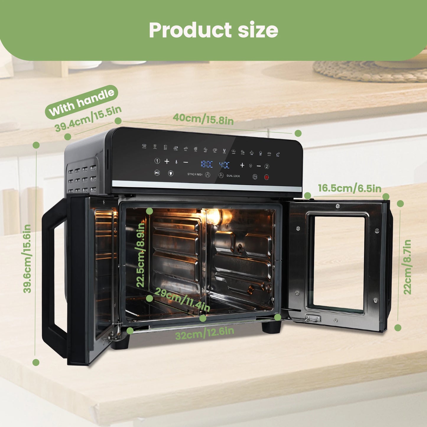 Freidora de aire caliente de doble zona, freidora de aire caliente de 23 L, horno XXL de 2200 W con pantalla táctil LED, 15 programas, con libro de recetas