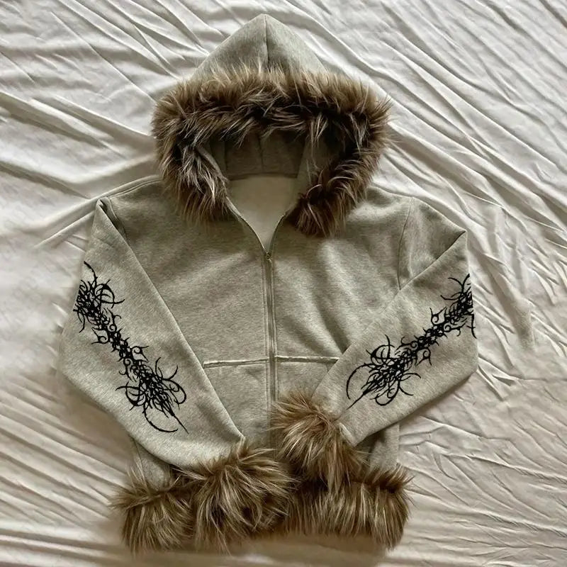 Y2K Zip up hoodie Rock Goth Harajuku Graphic Print Casual Zipper Hoodie sweatshirt Vintage Punk High street Hiphop Clothes Loose