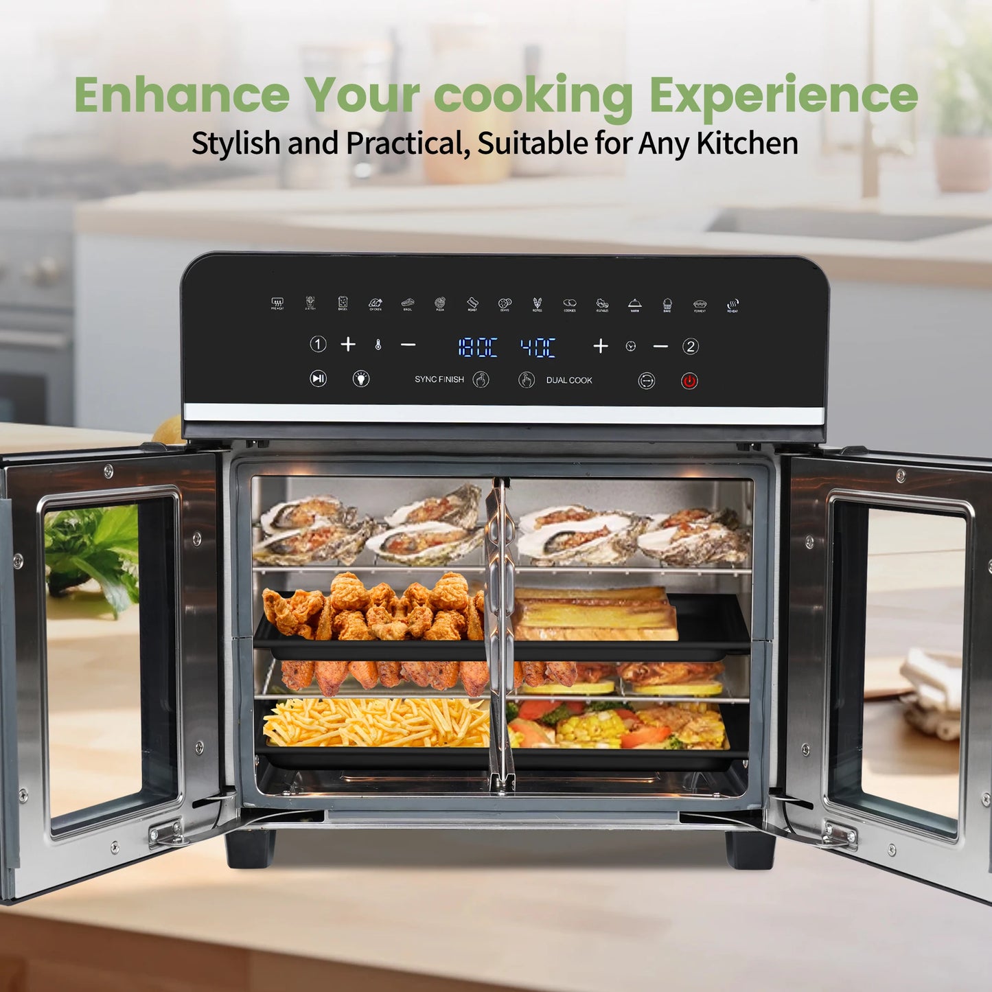 Freidora de aire caliente de doble zona, freidora de aire caliente de 23 L, horno XXL de 2200 W con pantalla táctil LED, 15 programas, con libro de recetas