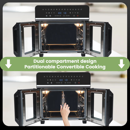 Freidora de aire caliente de doble zona, freidora de aire caliente de 23 L, horno XXL de 2200 W con pantalla táctil LED, 15 programas, con libro de recetas