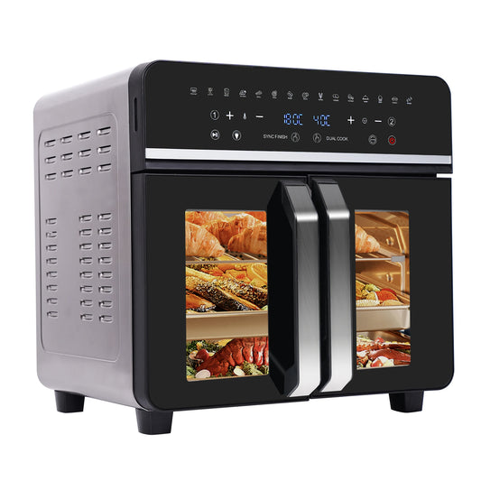 Freidora de aire caliente de doble zona, freidora de aire caliente de 23 L, horno XXL de 2200 W con pantalla táctil LED, 15 programas, con libro de recetas