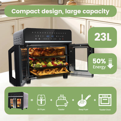 Freidora de aire caliente de doble zona, freidora de aire caliente de 23 L, horno XXL de 2200 W con pantalla táctil LED, 15 programas, con libro de recetas