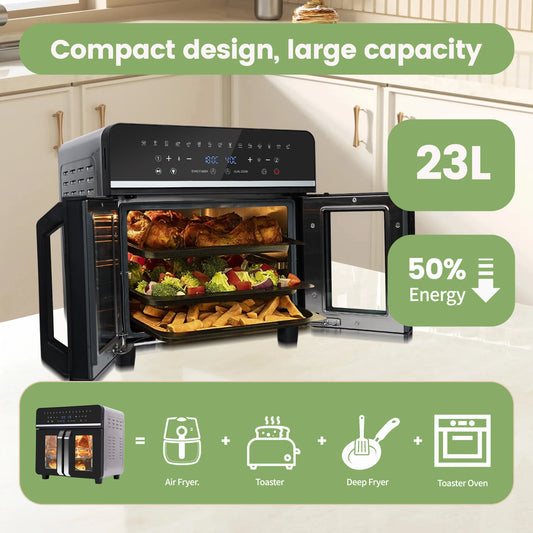 Freidora de aire caliente de doble zona, freidora de aire caliente de 23 L, horno XXL de 2200 W con pantalla táctil LED, 15 programas, con libro de recetas