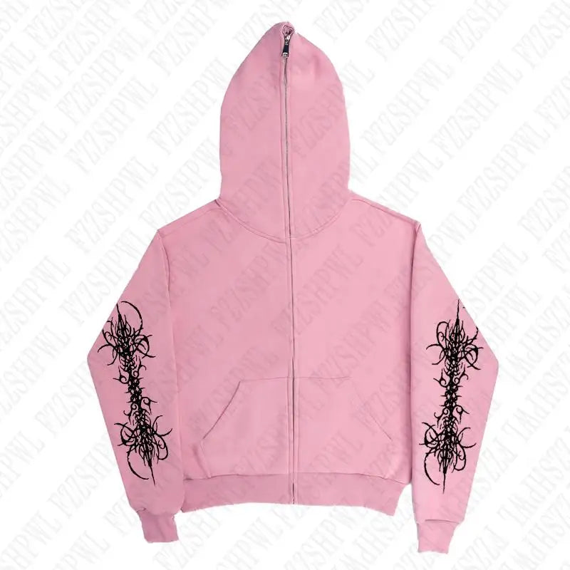Y2K Zip up hoodie Rock Goth Harajuku Graphic Print Casual Zipper Hoodie sweatshirt Vintage Punk High street Hiphop Clothes Loose